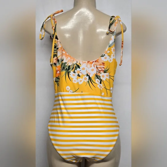 One Piece Bathing Suit Swimsuit Golden Yellow Floral Tie Front And Shoulders L - Picture 4 of 6